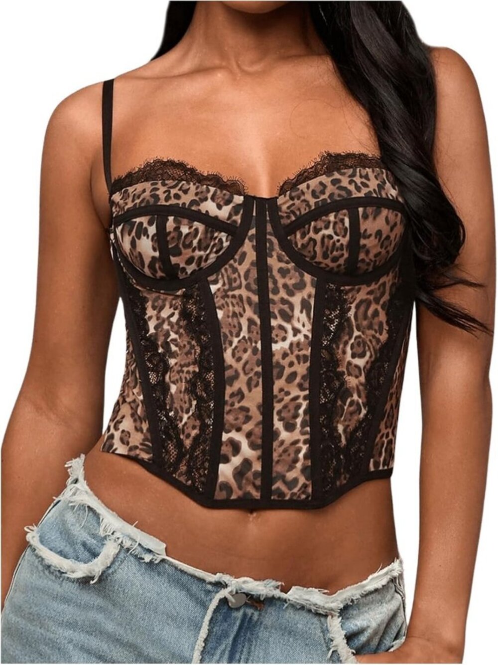 Y2K Cheetah Print Lace Crop Cami Corset Top for Trendy Women's Fashion